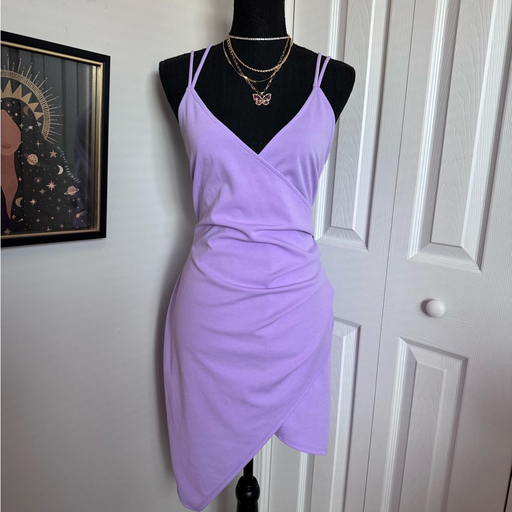 Spring | lavender wrap dress with strappy open back